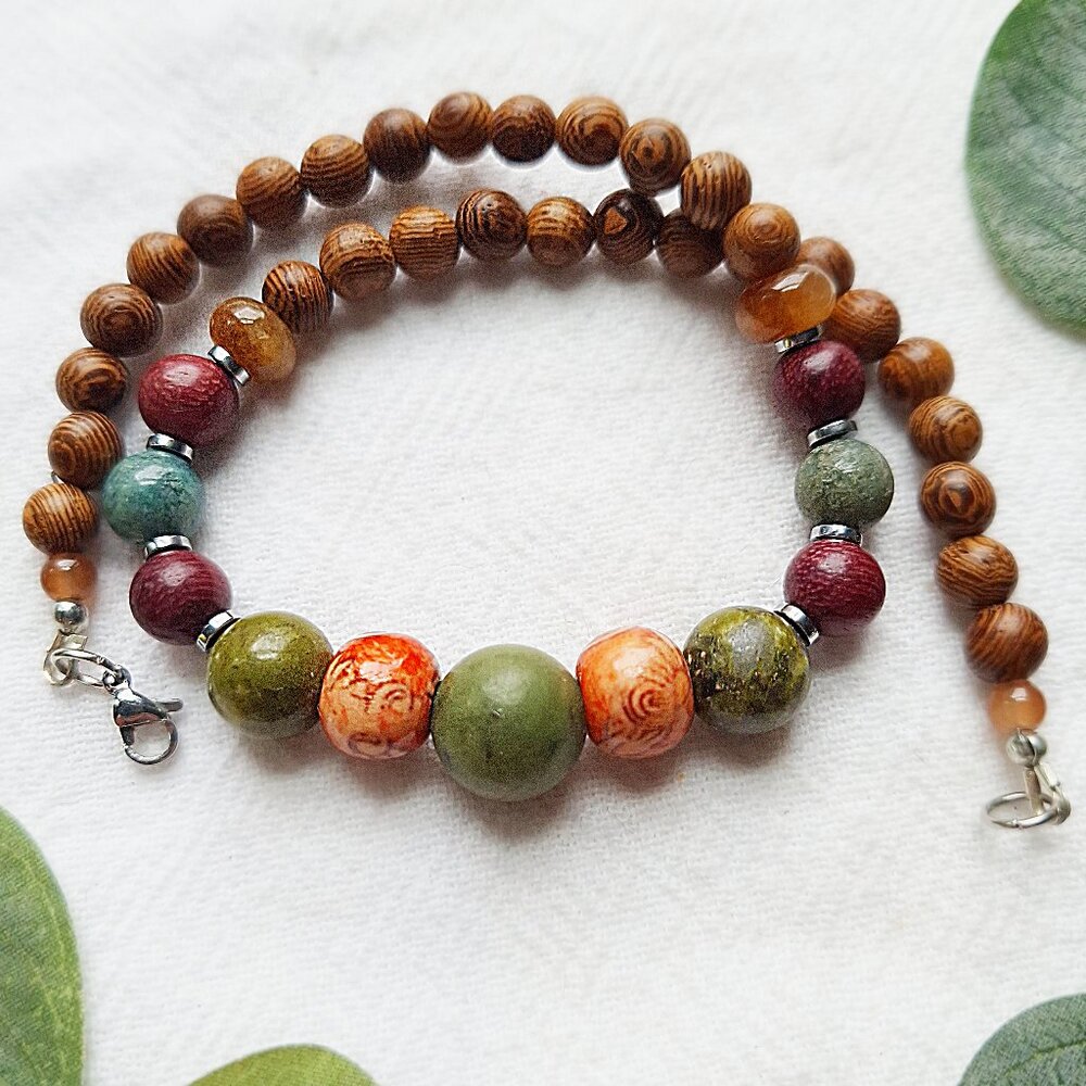 Earthy Jade & Wood Beaded Choker, Rustic Goblincore Choker, Indie Maximalist